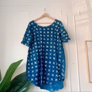 PO-EM cotton indigo tunic dress in hand-blocked print, Sz L